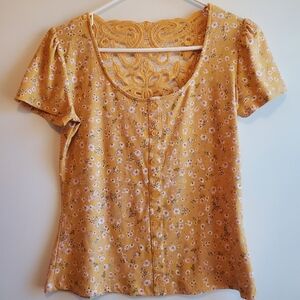no comment Women's Yellow and Pink Floral Top with Crochet Back